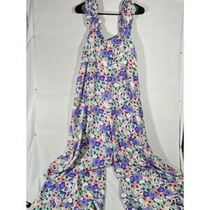 Kori Plus Floral Wide Leg Jumpsuit Women XL Purple Pink Ruffle Tie Back Flowy